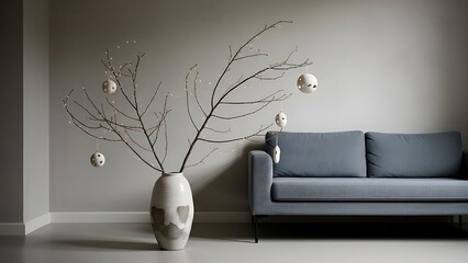 Minimalist interior featuring a vase with decorative branches and ornaments next to a modern blue sofa.