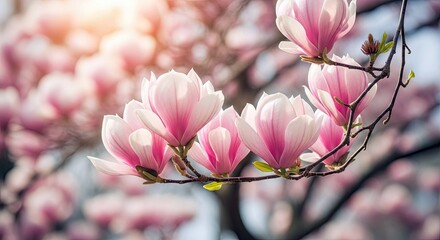 Close-up of pink magnolia flowers in full bloom on a branch with a blurred background, bathed in sunlight.