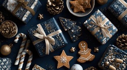 christmas background with a dark blue and gold color palette, decorated gift boxes, gingerbread cookies, candy canes, stars, pine cones, 3d rendering, top view Generative AI