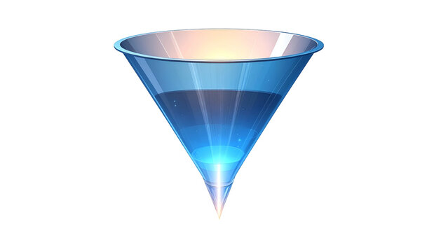Transparent, blue funnel with gradient liquid and light flares, set against a dark background