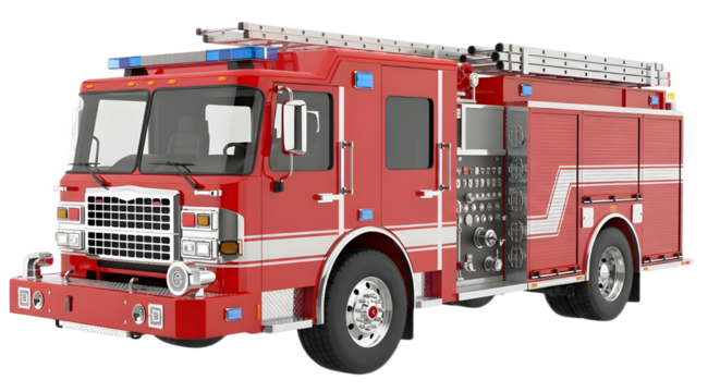 Red modern fire truck isolated for emergency safety and rescue services isolated PNG with Transparent Background