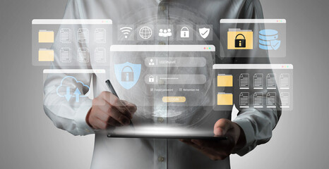 Secure login and file management interface with folder, password, and encryption icons for cybersecurity visualization Parse
