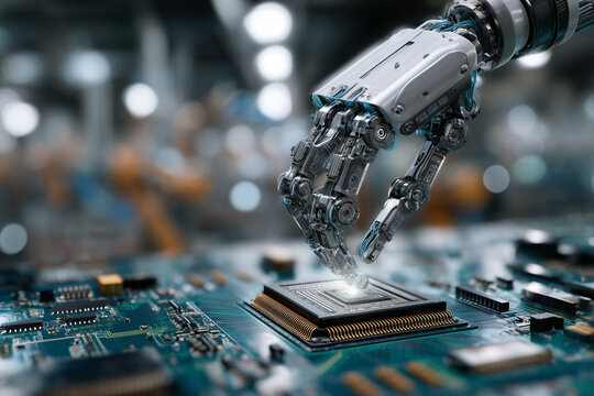 AI artificial intelligence technology concept. Machine learning, deep learning, industry 4.0 automation. Robotic arm in factory, CPU chip on circuit board. Future of manufacturing innovation - Powered by Adobe
