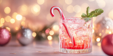 Festive cocktail with candy cane and mint on blurred holiday background
