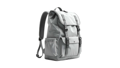 Naklejka premium A light gray backpack with multiple compartments, straps, and buckles, set against a black background