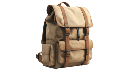 Tan canvas backpack with leather straps and multiple pockets, isolated on black