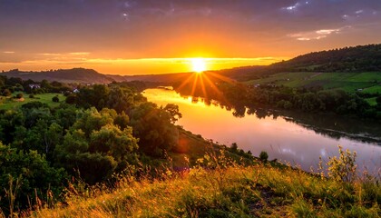 Golden Hour Over River Valley - A Serene Landscape Painting.