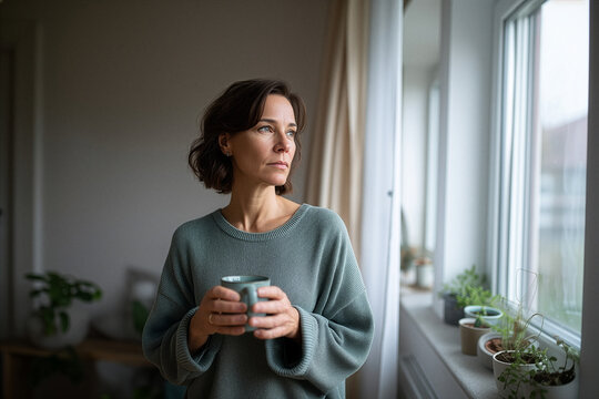 Woman looking out window holding a mug - Powered by Adobe