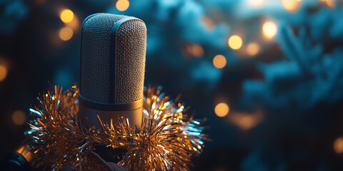 Microphone decorated with tinsel and glowing lights in dim setting  