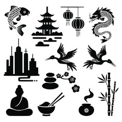 Obraz premium Japanese and Asian Icon set vector silhouette collection