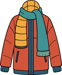 Orange winter jacket with blue scarf