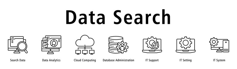 Banner focusing on searching, analyzing, and storing data via cloud, databases, support and settings.