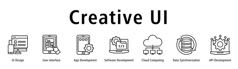 Banner representing UI creation from interface layout to app dev, software, cloud tools and API.