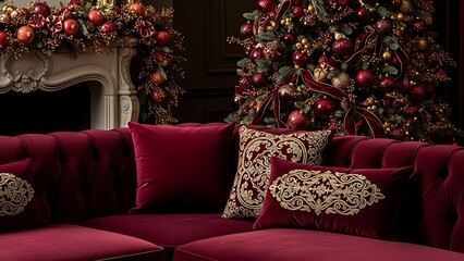 Luxurious living room decorated for Christmas with a red velvet sofa.