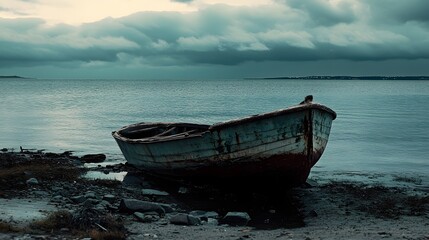 An old, weathered wooden boat sits on a sandy shore at the edge of the water, with a dramatic sky overhead.