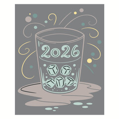 New Year 2026 Celebration Cocktail Glass Vector Illustration with Ice and Abstract Background, 2026