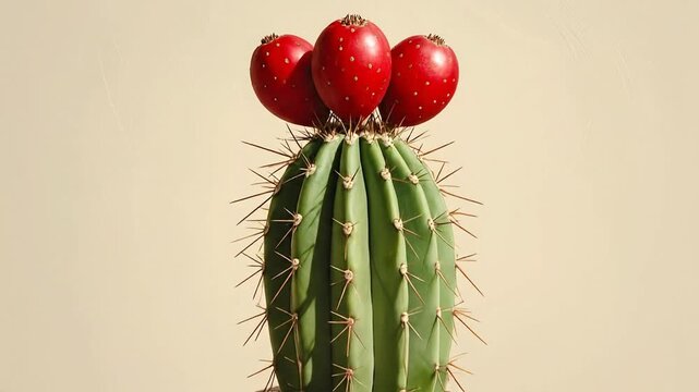 Cactus with Red Fruits in a Pot, Close-up View