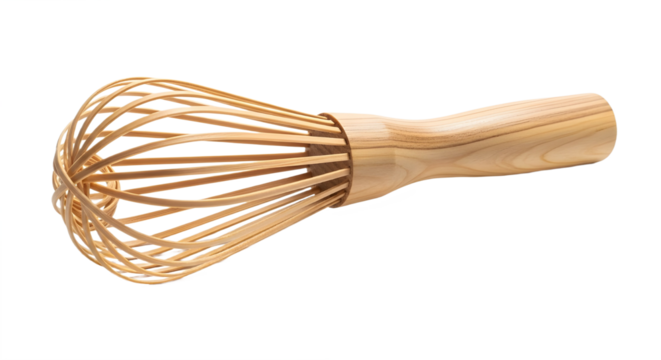 Natural bamboo whisk kitchen tool for culinary mixing and professional food preparation isolated PNG with Transparent Background