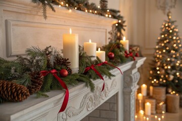 Decorated fireplace mantle with candles and festive holiday decorations