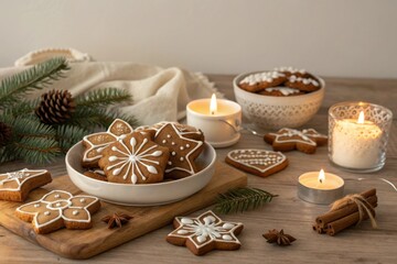 Gingerbread Christmas Cookies with Candles on a Wooden Table