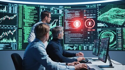 Business team analyzing data charts on computer monitors in modern office environment - Powered by Adobe