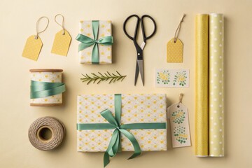 Gift wrapping setup with ribbon scissors tags and patterned paper