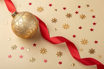 Golden Christmas bauble with red ribbon on beige background