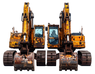 Two weathered, yellow excavators face forward