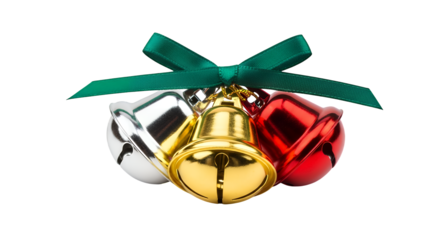 Gold, silver, red jingle bells tied with vibrant green ribbon, symbolizing holiday cheer and festive celebration, isolated on transparent background