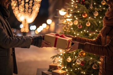 People exchanging gifts near Christmas tree at night
