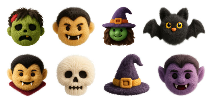 PNG Cute Halloween character icons, element set on transparent background
