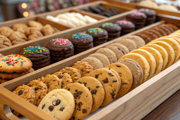 Assorted cookies in wooden display tray
