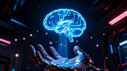 futuristic holographic brain projection above a hand, blue neon lines, dark tech environment, conceptual AI logic, perfect for World Logic Day - Powered by Adobe