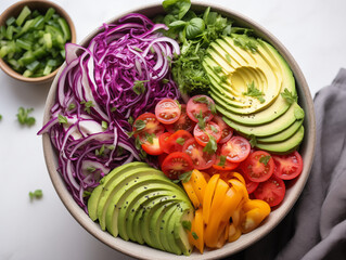Healthy vegan buddha bowl salad with sliced avocado, red cabbage, cherry tomatoes, and yellow peppers on a white marble table.