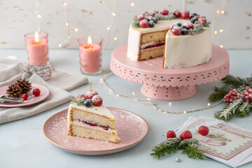 Elegant Christmas layer cake with berries and candles
