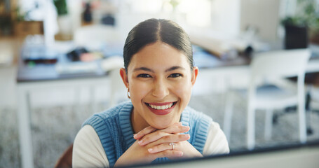Creative, portrait and woman with computer, office and research for article on website or...