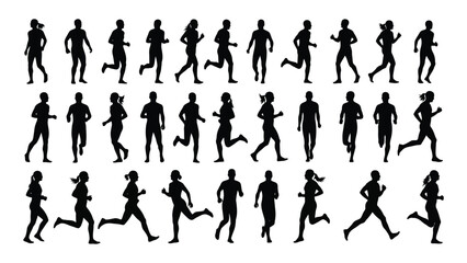 Running and walking people silhouettes isolated on white background, Vector