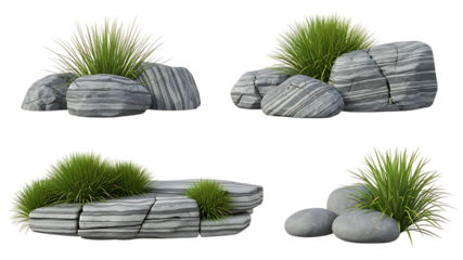 Various arrangements of striped gray rocks and lush green grass tufts isolated on a transparent background, representing natural elements and outdoor scenery
