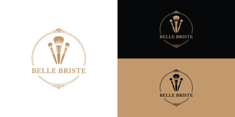 The Belle Briste makeup brush brand has a luxurious and modern logo featuring three brushes inside an elegant, ornate circular frame. The logo is presented in a gold design.