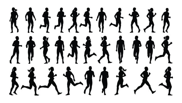 Running and walking people silhouettes isolated on white background, Vector