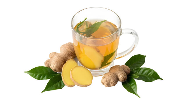 Hot ginger root tea in glass mug with fresh slices for health and wellness isolated PNG with Transparent Background - Powered by Adobe