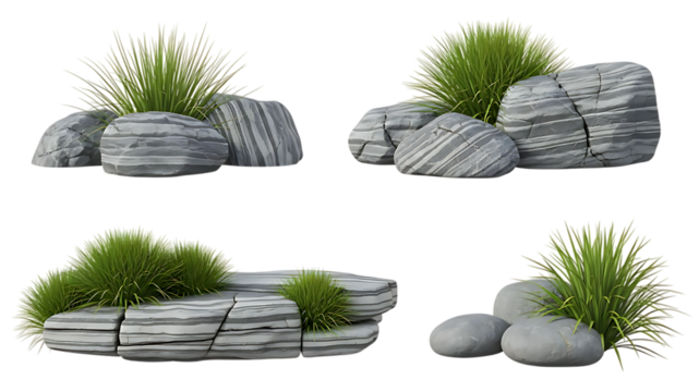 Various arrangements of striped gray rocks and lush green grass tufts isolated on a transparent background, representing natural elements and outdoor scenery - Powered by Adobe