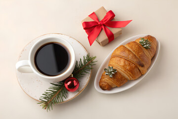 Christmas breakfast with coffee and croissant
