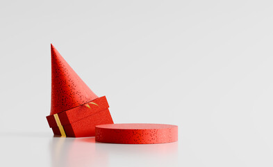 Minimalist red glitter cone hat gift box product display on white background. 3D rendering