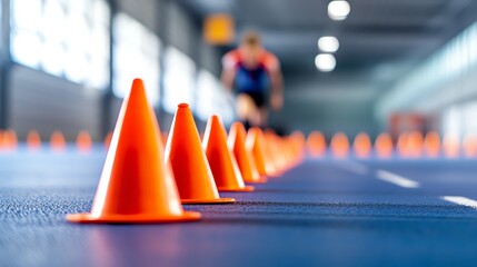 Orange cones on a gym floor for training drills.