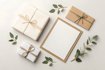 Minimal holiday flat lay with gifts and card
