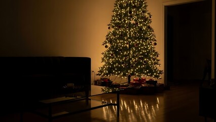 A warmly lit Christmas tree stands in a dimly lit living room, surrounded by presents.