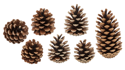 A collection of seven diverse pinecones, showcasing varied sizes and textures, isolated on a clean background for versatile design applications.