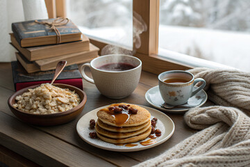 Cozy winter breakfast by snowy window

