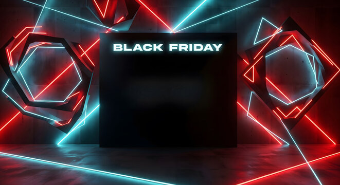 Abstract Neon Light Geometric Shapes on Dark Concrete Texture